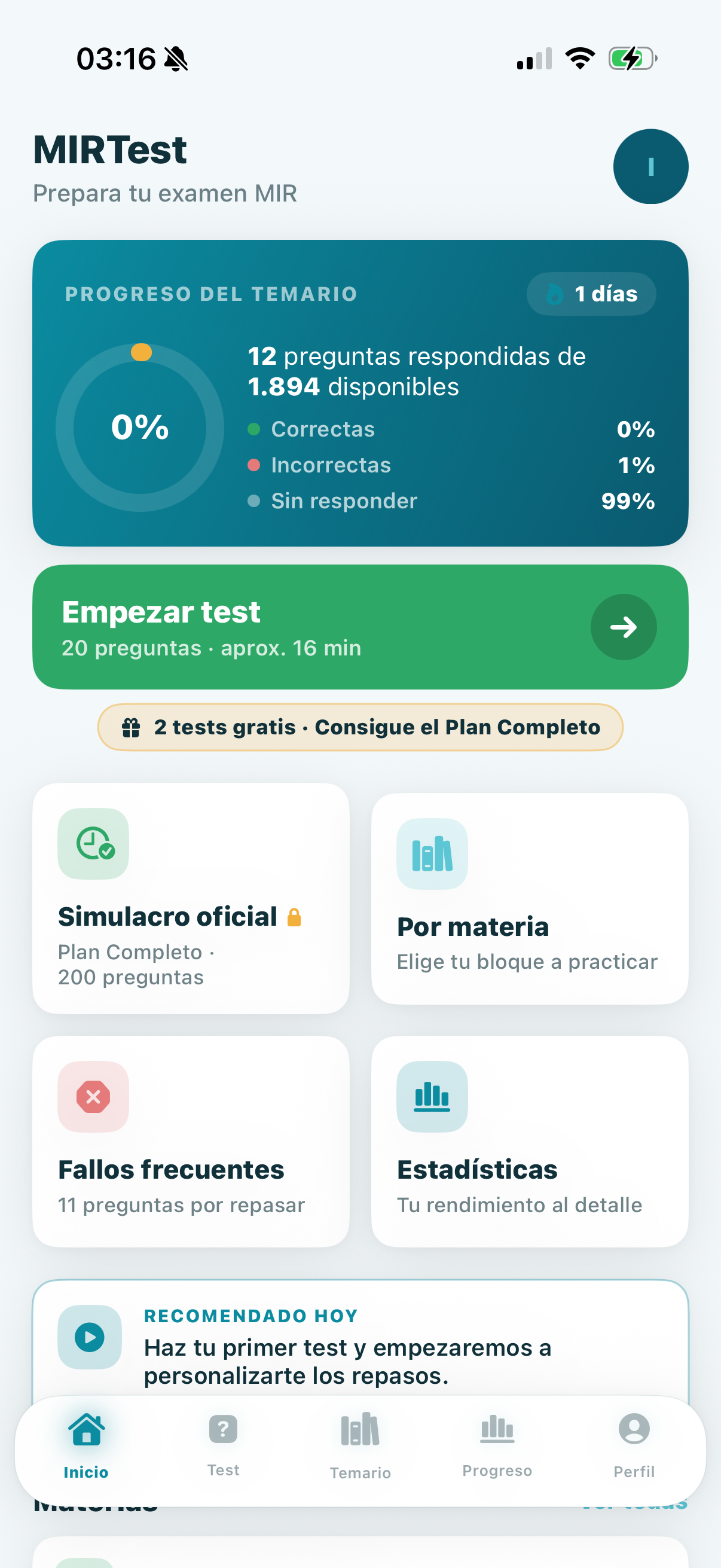 Inicio de MIRTest con el progreso del temario