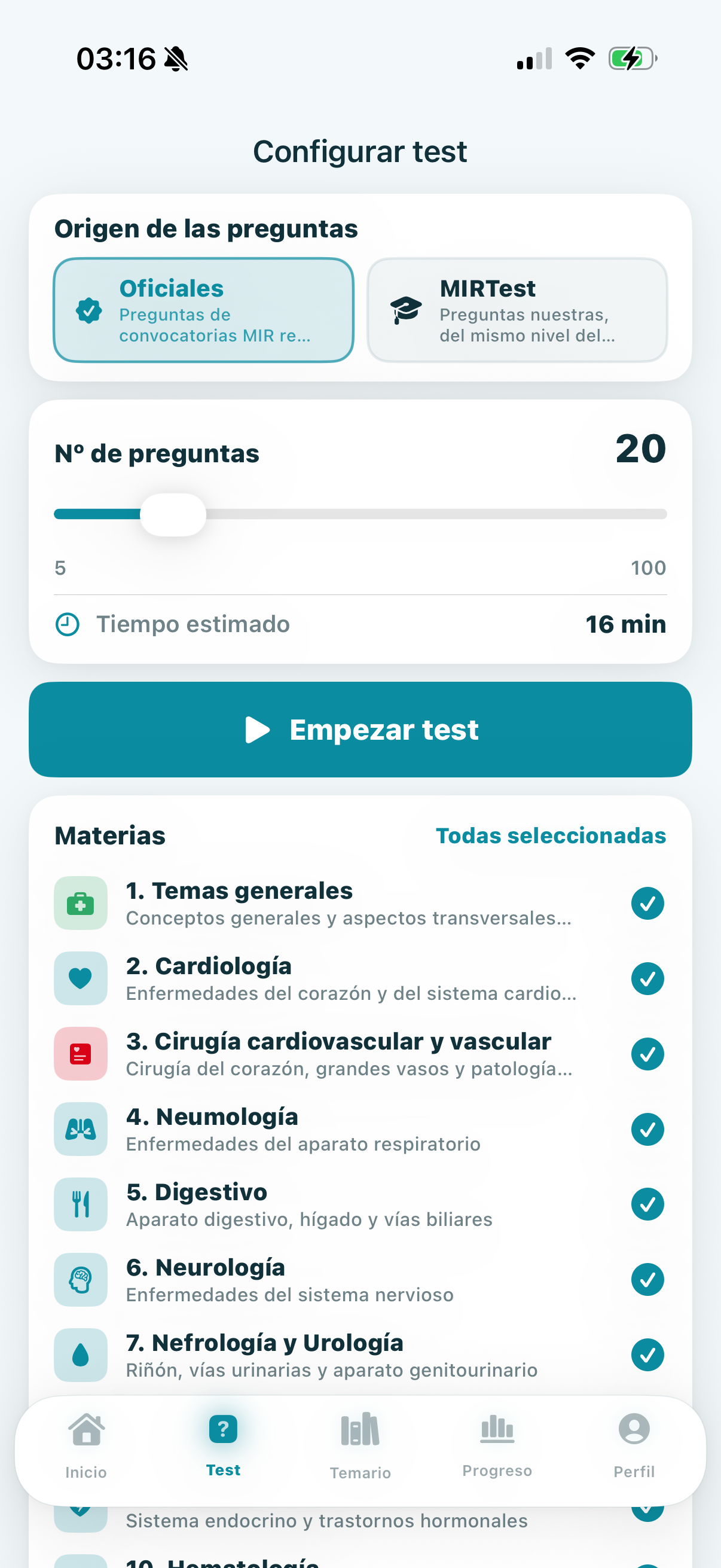 Configurar un test eligiendo bloques
